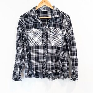 Rebellion Black White Plaid Flannel Fringe Hem 90's Grunge Inspired Shirt Large